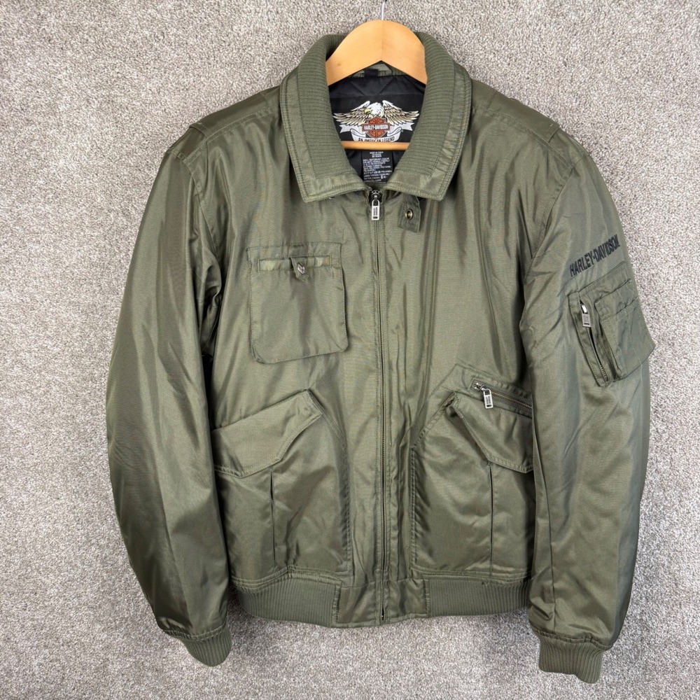 Harley-Davidson Mens XL Olive Green Nylon Bomber Jacket Embroidered Wing Logo - Picture 2 of 8